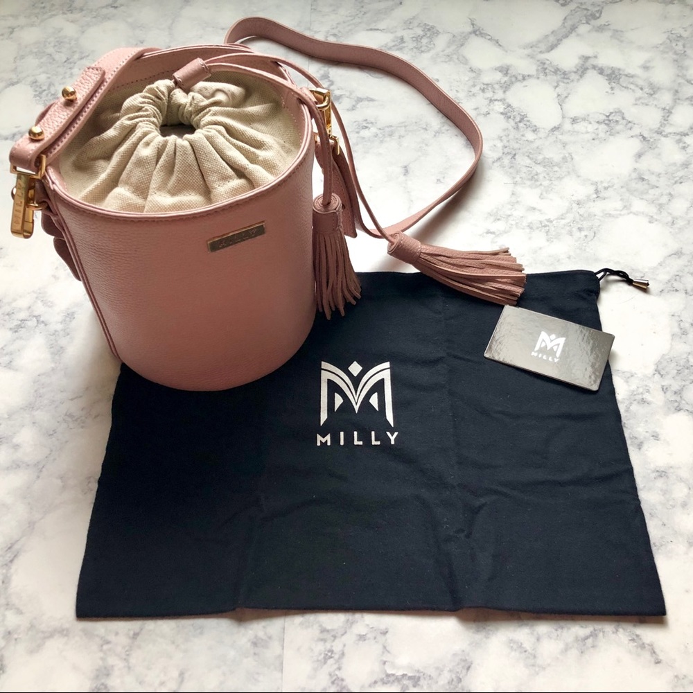 NEW MILLY Baby Pink Drawstring Bucket Purse Summer Travel Handbag Accessory Tote